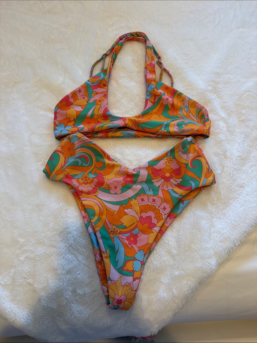 Skatie Floral High-Waist Two-Piece Bikini in Orange, Pink & Green